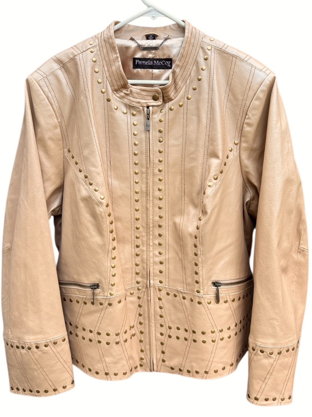 EUC Pamela McCoy Leather Zip Front Studded Jacket Tan Size 2X
